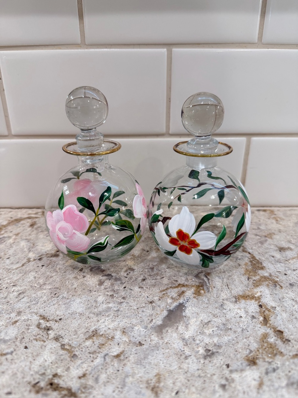 Hand-Painted Floral Glass Perfume Bottle - Pink & White